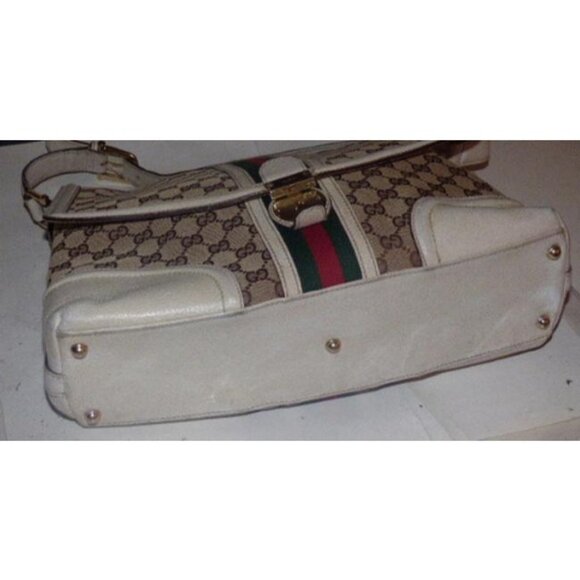 Gucci Vintage Envelope Style Purse White and Brown Leather Red Green Stripe - Picture 2 of 6